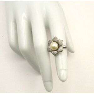 Sterling Silver 925 Flower Shape Freshwater Pearl Ring Adjustable